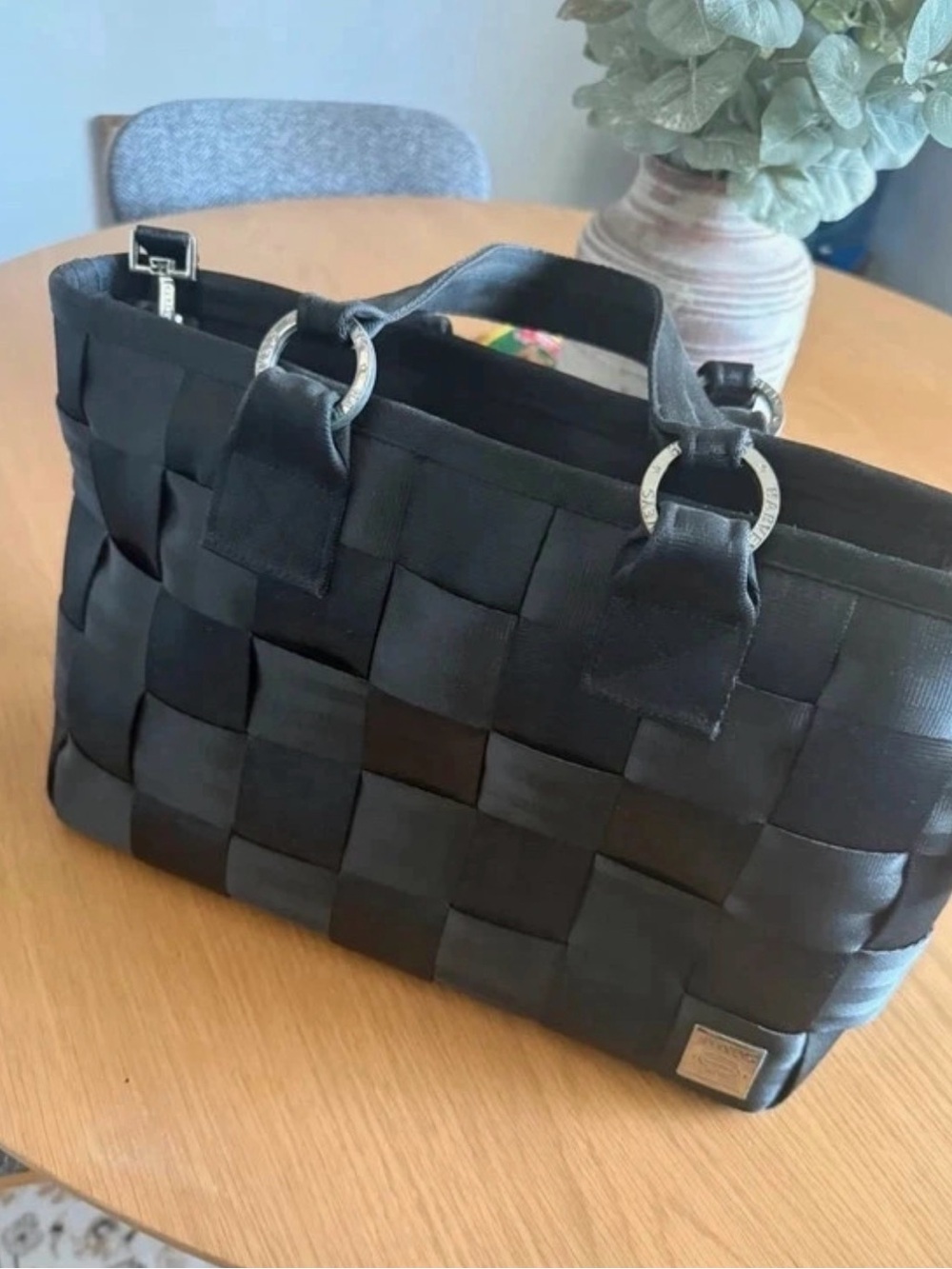 Harveys Black Woven Satchel with Silver Rings